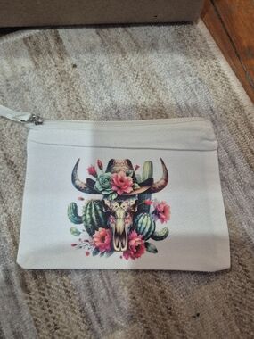 White Canvas Wristlet Pouch with Floral Cactus Cow Skull Print